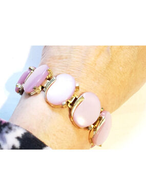 Signed Leru Link Bracelet‎ 7" Purple Lucite Gold-tone Vintage Thermoset gbr-15